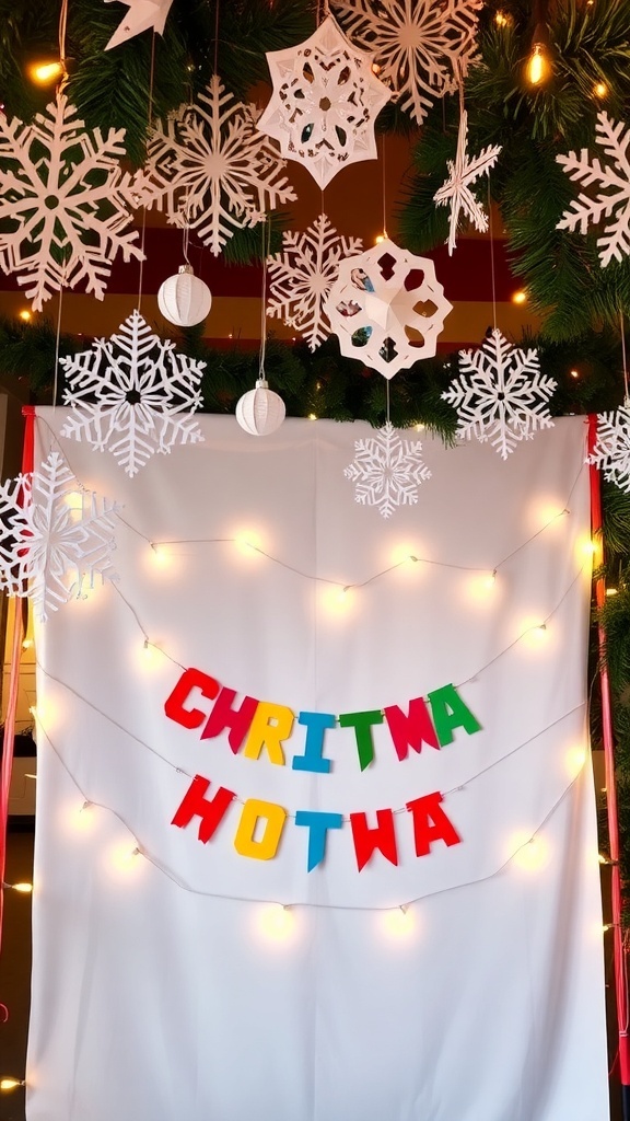DIY Christmas background with paper snowflakes, colorful banner, and string lights.